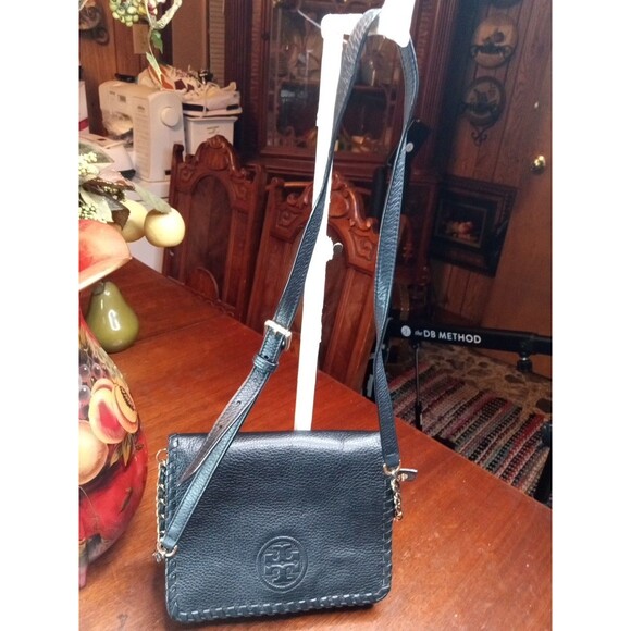 Tory Burch Marion Combo Black Leather Whipstitch Crossbody Bag W Gold Details - Picture 2 of 13